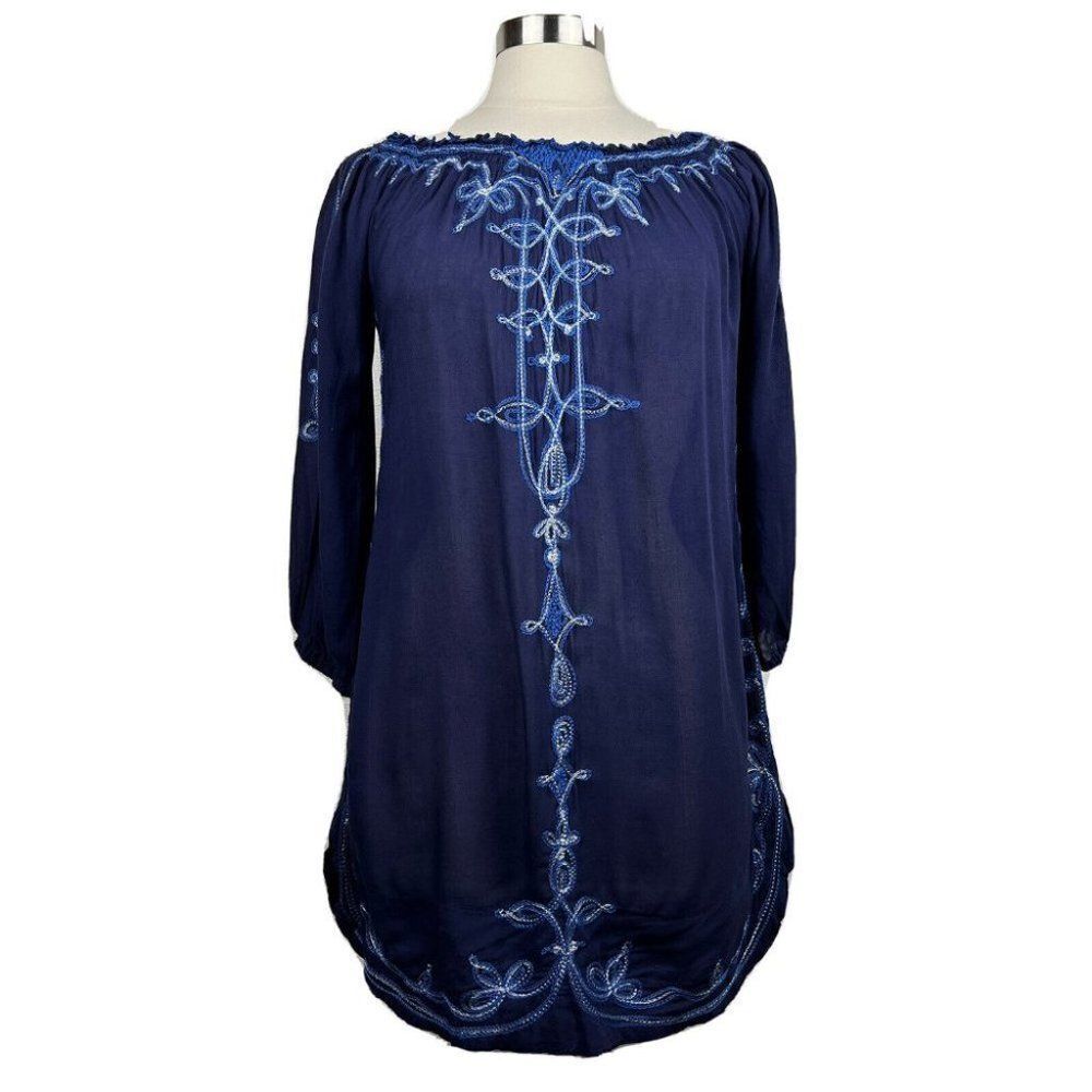 Poupette St Barth Dress S Womens Blue Embroidered Shift Mini 3/4 Sleeves Viscose